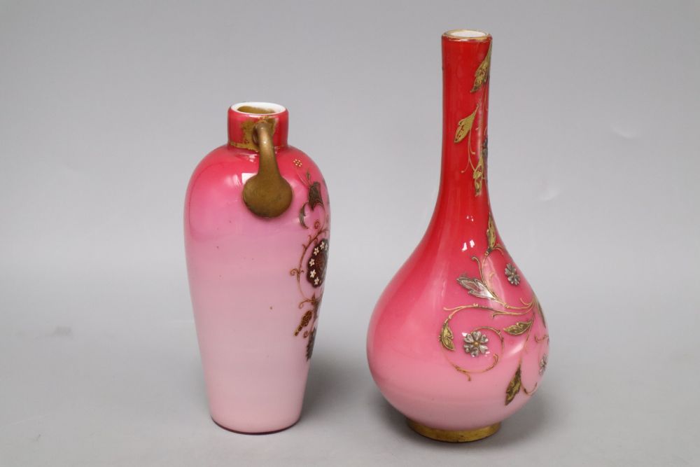 Two Bohemian gilt enamel pink glass vases, possibly Moser, tallest 18cm